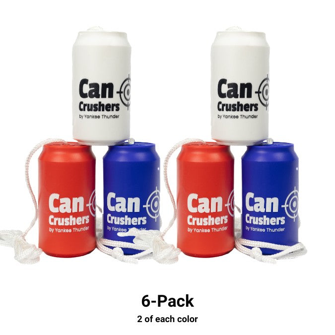 A set of six Can Crushers Targets by Yankee Thunder, each being durable, reusable, and shatterproof. The collection includes two cans in white, two in red, and two in blue. Each can features a pull string and showcases the label 
