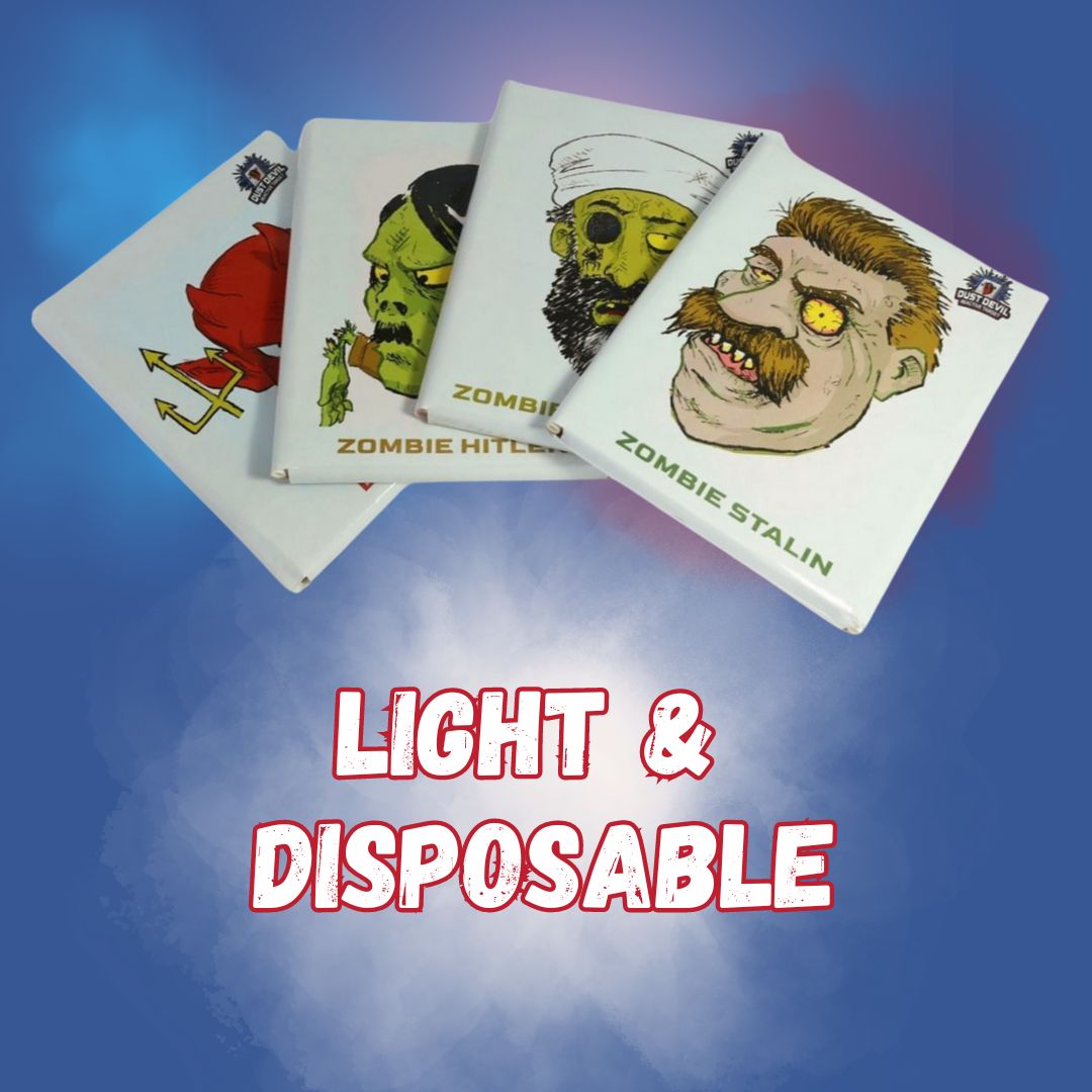 Four packets of Dust Devil - Special Donkey Edition by Yankee Thunder, each featuring cartoonish zombie illustrations, including a green zombie, a turbaned zombie, and a mustached zombie, are displayed in a fanned-out arrangement. The blue background with a smoky effect highlights the text 