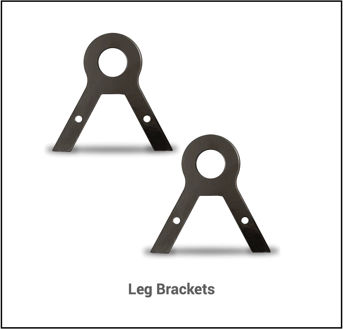 Two powder-coated black metal leg brackets from Yankee Thunder's Brackets for Hang 'N Hook Target Kit (two pack) are displayed against a white background. Each bracket features an open circle at the top and two angled legs extending downward, with a small hole on each leg for mounting 1