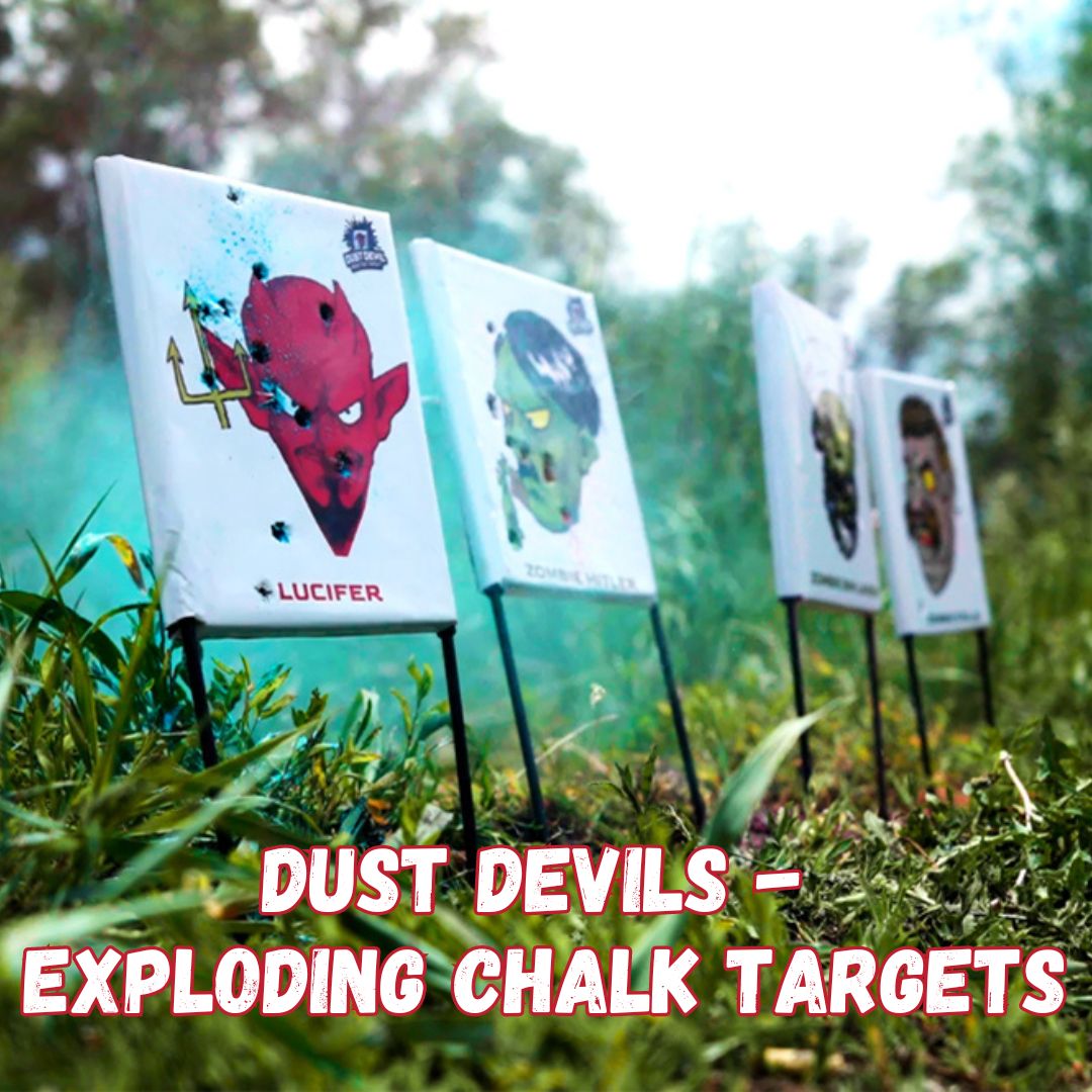 Four colored chalk targets are set up outdoors, showcasing various artworks including a red devil and a green zombie. Text at the bottom reads 
