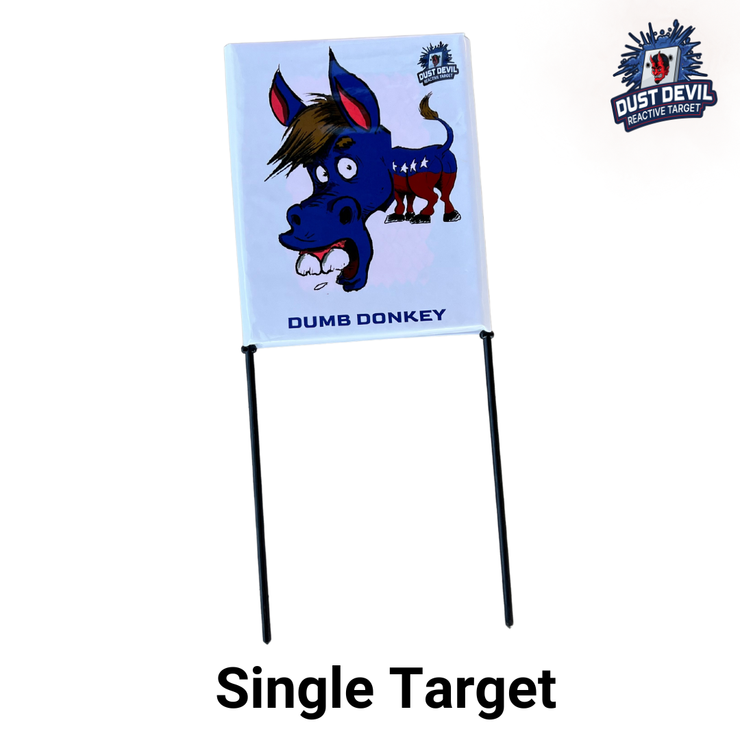 A target featuring an illustration of a distressed-looking blue donkey with a surprised expression and exaggerated features, labeled "Donkey Dust Devils." Branded as "Dust Devil - Special Donkey Edition" by Yankee Thunder, it includes colored chalk targets for immediate feedback. The text "Single Target" appears below.