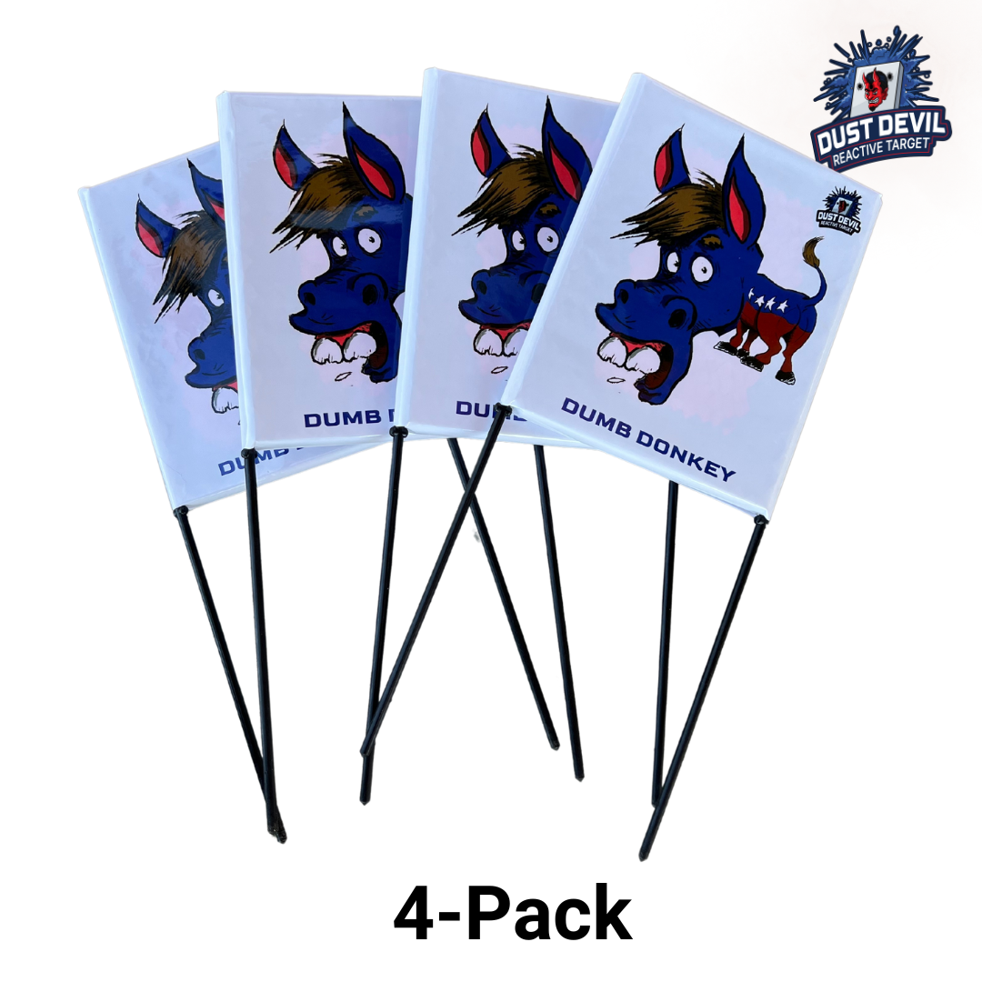 Four small rectangular signs featuring cartoon drawings of an angry blue donkey labeled "DUMB DONKEY." Each sign includes two black stakes for easy ground placement. A "Yankee Thunder" logo adorns the top right corner, indicating immediate feedback with every hit. Text below reads "4-Pack Dust Devil - Special Donkey Edition.