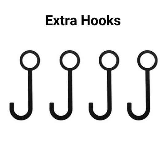 Image depicting four black S-shaped hooks aligned horizontally. Above the hooks, the text reads 