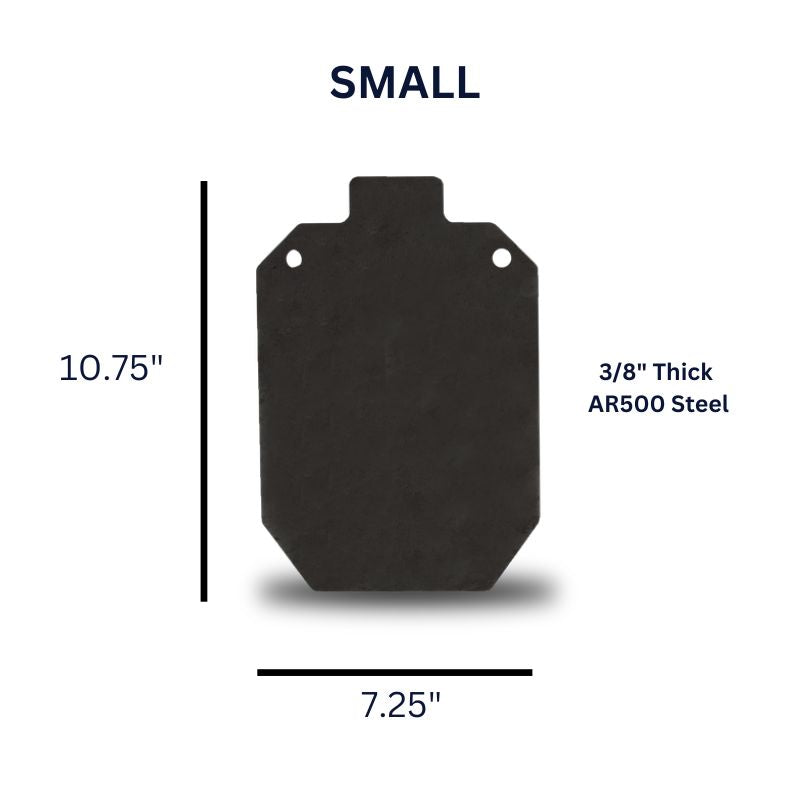 Introducing the Yankee Thunder 11 Inch Silhouette Body Mass Target, crafted from durable 3/8 inch thick AR500 steel. This small black target plate measures 10.75 inches tall and 7.25 inches wide, featuring two holes at the top for easy mounting. The text "SMALL" is displayed at the top of the plate, with "3/8" Thick AR500 Steel" noted to the right. This target is ideal for both pistol and rifle shooting practice.

