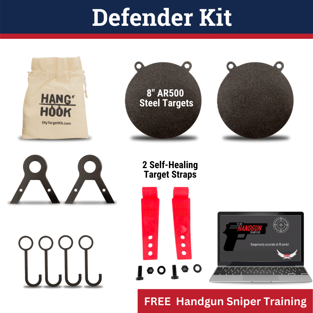 An image showcasing Yankee Thunder's "The Defender Kit" includes two 8" AR500 Gong targets, self-healing target straps, an accessory pack with hooks and screws, a drawstring bag labeled "Hang Hook," and an illustration of a laptop screen advertising free Handgun Sniper Accuracy Training.