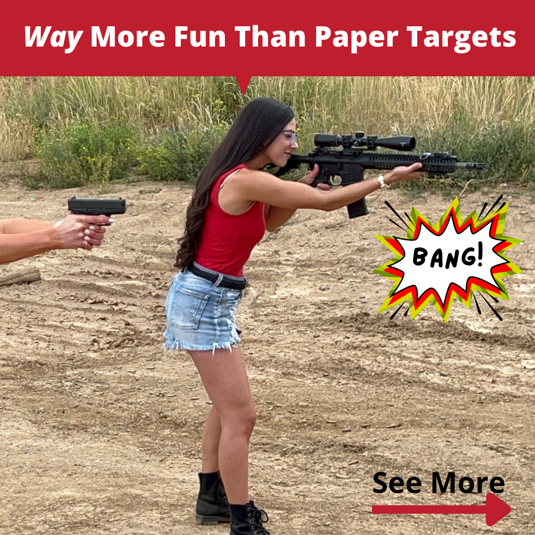 A person in a red tank top and denim shorts is aiming a rifle at an outdoor shooting range with Yankee Thunder's Hang 'N Hook® Bundles ⭐️⭐️⭐️⭐️⭐️ AR500 steel targets. Another person holding a handgun is partially visible on the left. Text on the image reads 