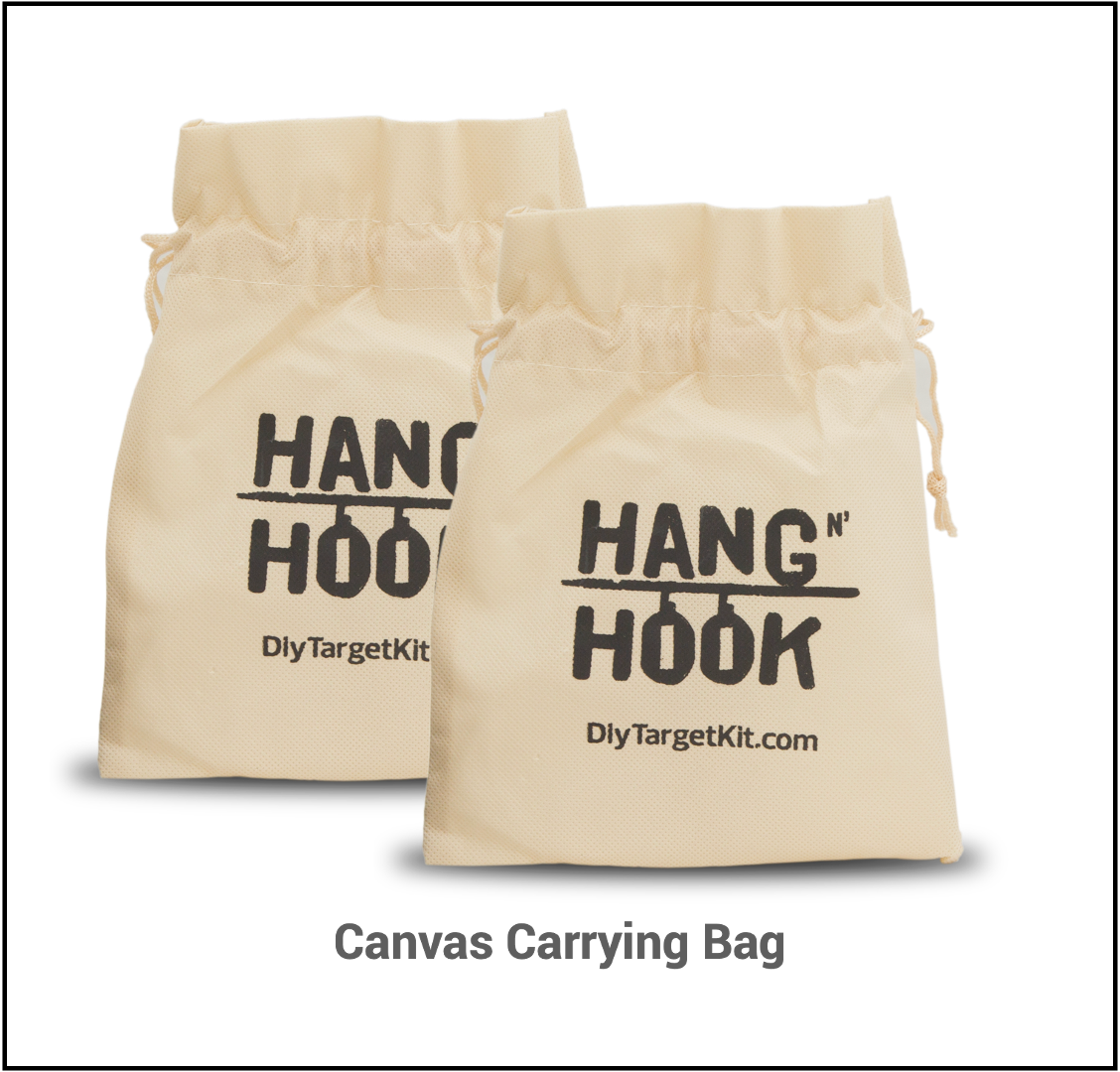 Two beige canvas carrying bags with drawstring closures are displayed side by side. Each bag has the text 