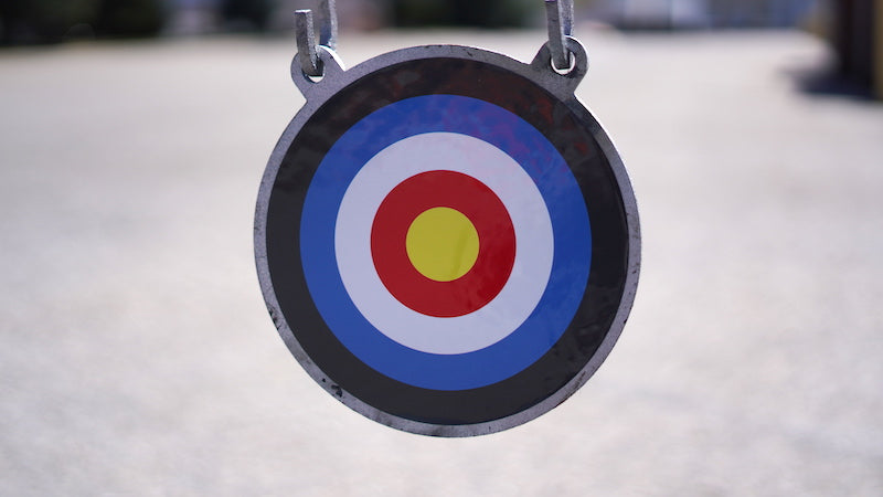 A circular outdoor target featuring 8-inch Bullseye Target Stickers by Yankee Thunder displays concentric rings in black, blue, white, red, and yellow. The blurred background ensures the focus remains sharply on the target with a precision similar to steel targets.