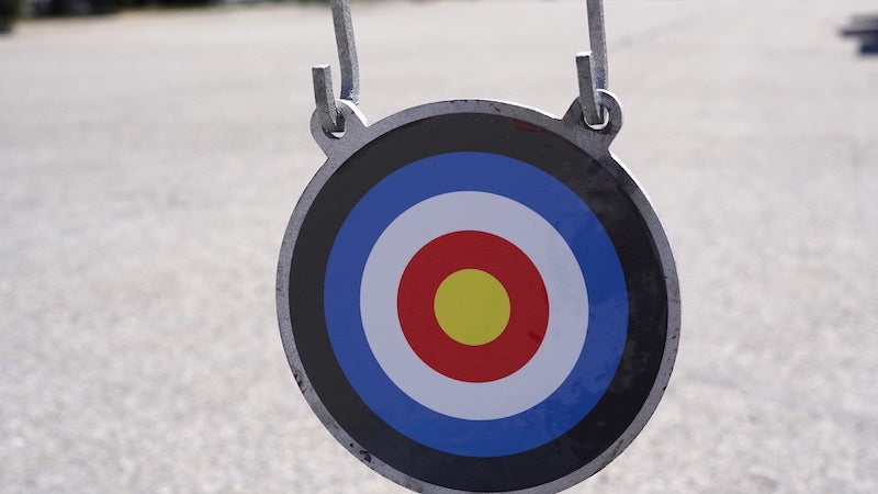 A steel target hangs in an outdoor setting, showcasing the Yankee Thunder 8-inch Bullseye Target Stickers. The target features concentric circles in black, blue, white, red, and yellow colors from outermost to innermost rings. These precision stickers help enhance your aim. The background is blurred to keep the focus on the target itself.