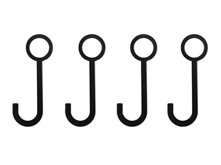 Four black S-shaped Extra Hooks for Hang 'N Hook Kit from Yankee Thunder are evenly spaced in a line against a white background. Each hook features a circular loop at the top and a curved hook at the bottom, making them perfect for use as part of your Hang 'N Hook Target kit.