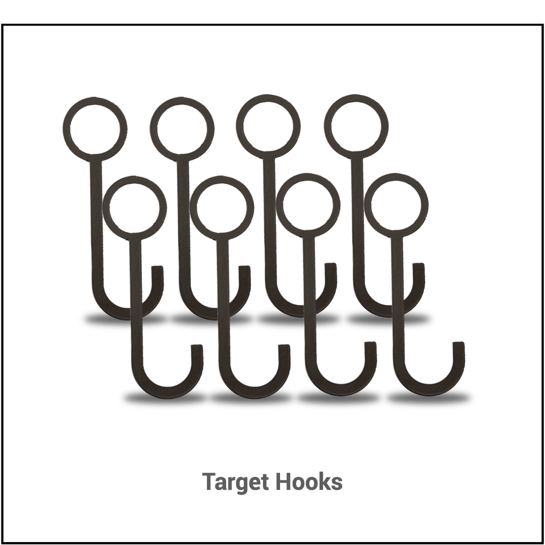 A set of eight black hooks with circular tops and curved bottoms are neatly arranged in two rows. The text 