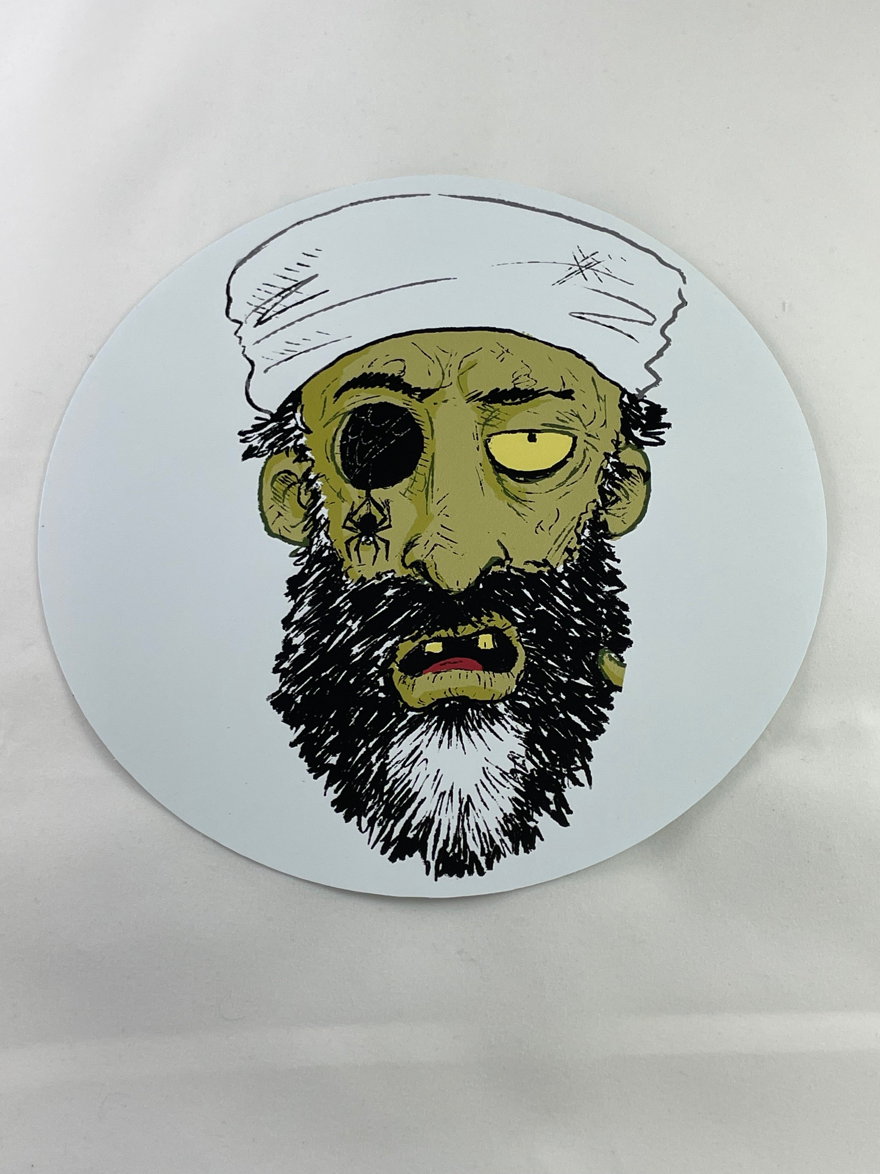 Introducing the 8-inch Zombie Target Stickers from Yankee Thunder: a circular illustration of a man with a beard and white headscarf, featuring an eye patch over his left eye and a yellowish complexion. The intricate details of his facial features and expression resemble iconic villains from history, making it an excellent addition for sticker enthusiasts.