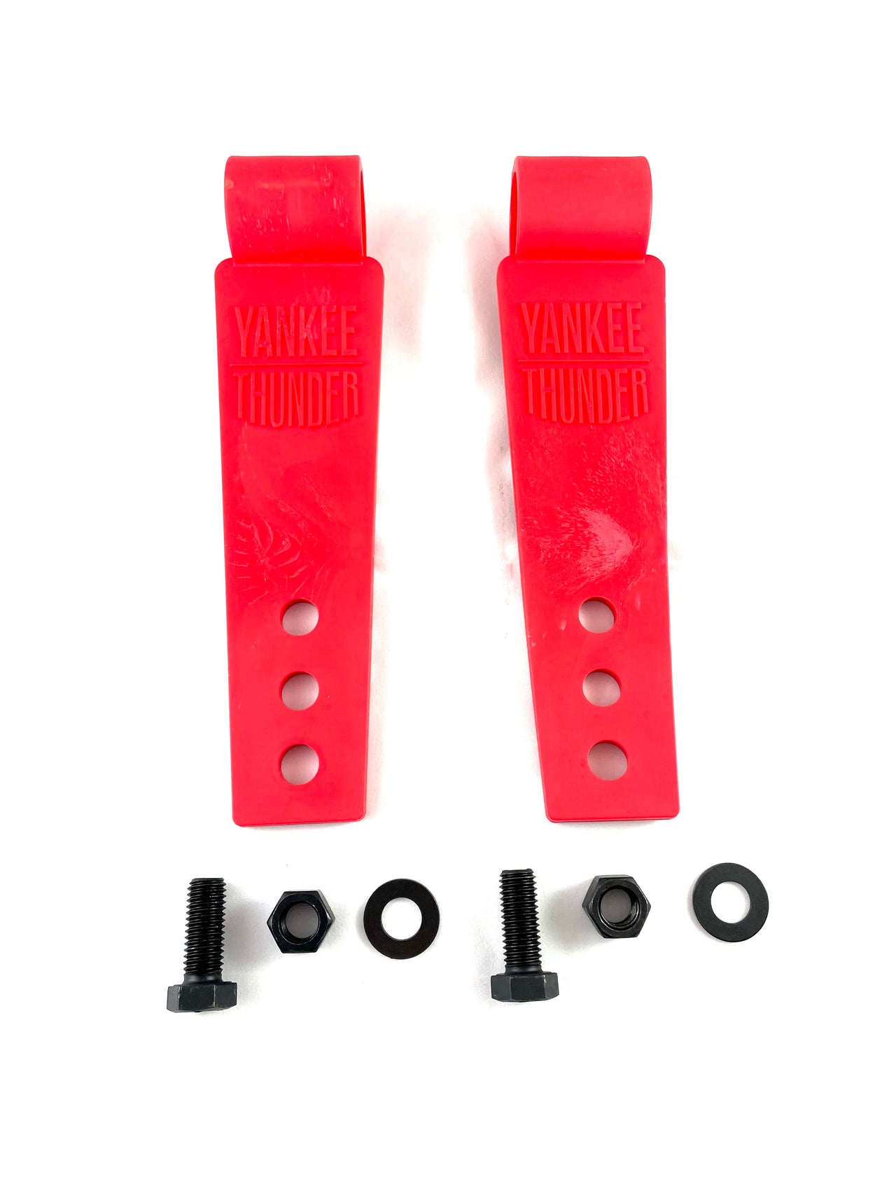 Two red straps labeled "Yankee Thunder," made from virtually indestructible high-density polymer, with three holes each, positioned parallel to each other. Below each strap, there is a black bolt, nut, and washer. The items are placed against a white background and come with a 5-year warranty.