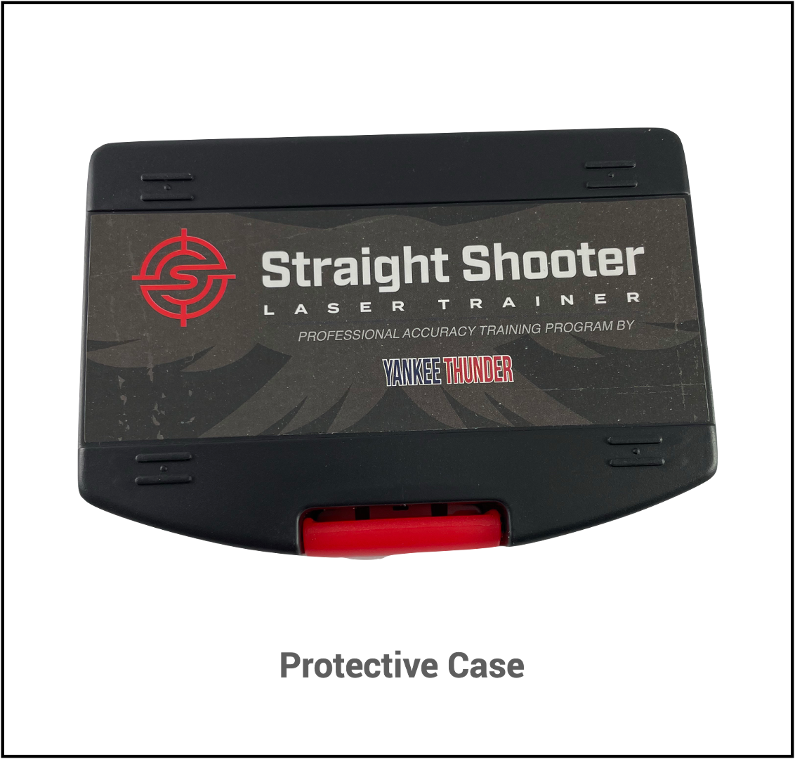 A black protective case designed for the .45 Laser Cartridge by Yankee Thunder. The case features a red latch and an insignia on its surface. The text 