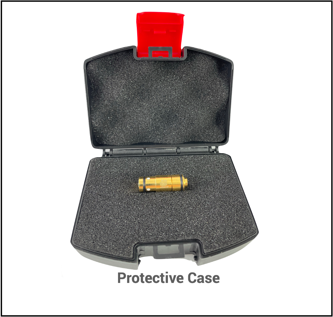 The '.45 Laser Cartridge' by Yankee Thunder is securely held in the foam interior of a protective case, displayed open. The case features a red latch at the top and includes a label that reads 