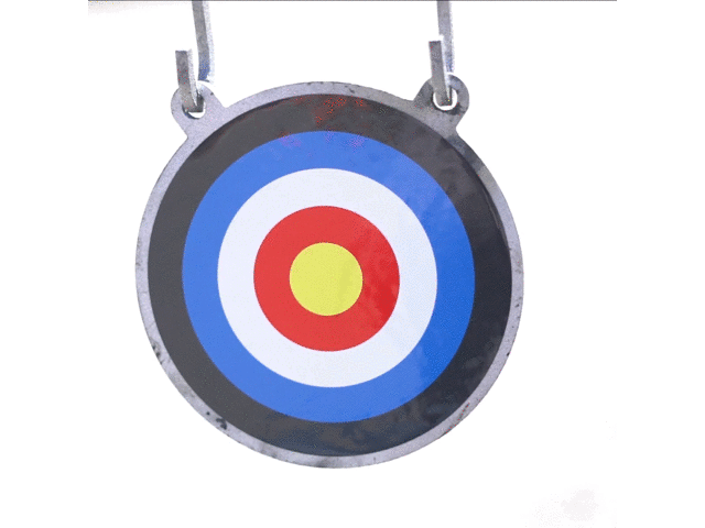A single 8-inch Bullseye Target Sticker from Yankee Thunder, resembling steel targets, is displayed with concentric circles in black, blue, red, and yellow from the outermost to the innermost ring. The target is set against a white background.
