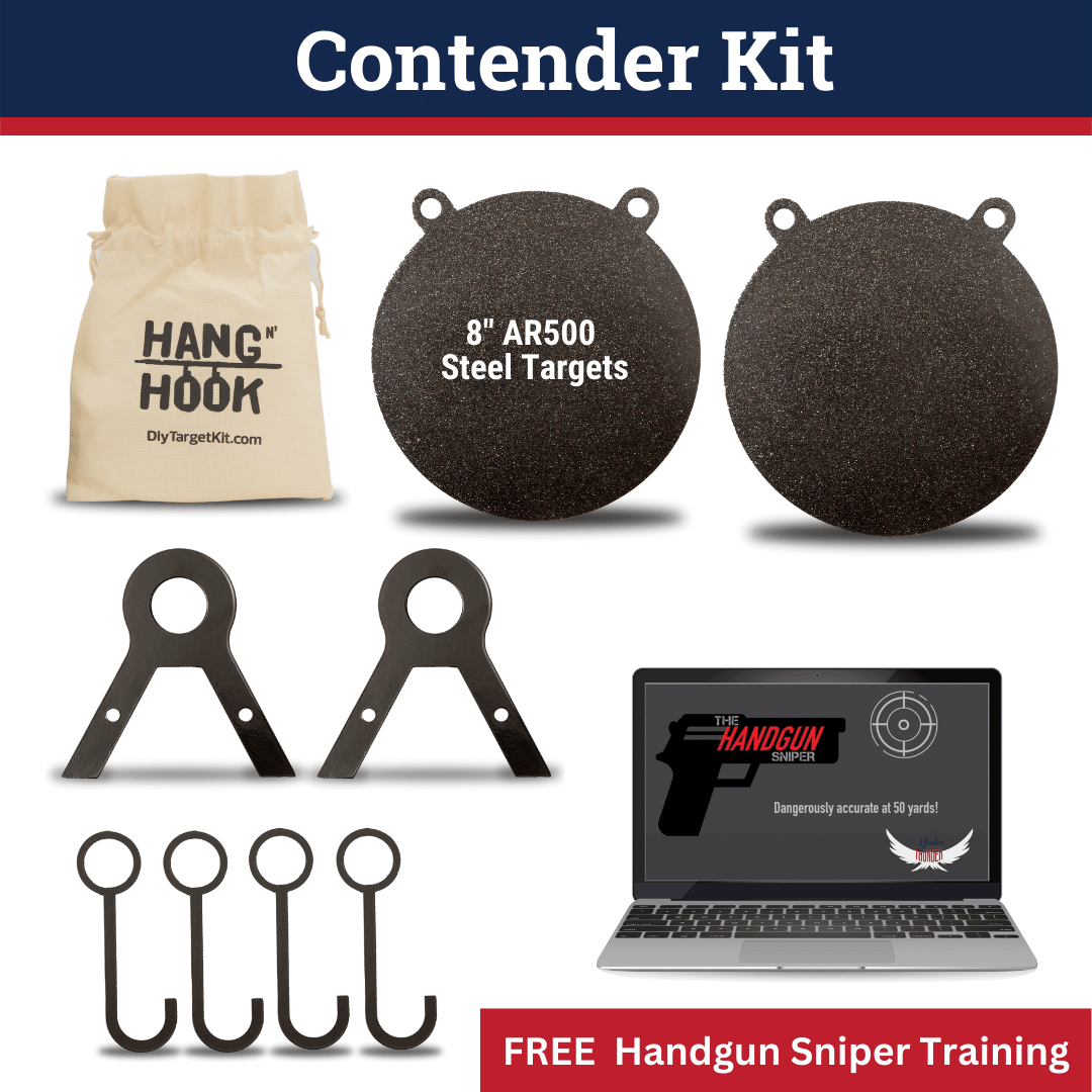 The image showcases the "Contender Kit" by Yankee Thunder for shooting practice, which includes 8" AR500 steel targets, two metal target hangers with the "Hang'N Hook Target Stand," four S-hooks, a fabric bag labeled "Hang 'Em Hook," and a laptop displaying the "Handgun Sniper Masterclass" with a banner promoting "FREE Handgun Sniper Training.